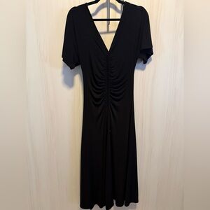 White House Black Market Black Ruched V-Neck Midi Dress Size M NWOT
